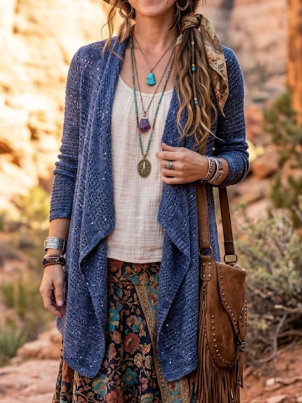 Sequin Sparkle Cardigan Sweater Blue Mesh open Knit Waterfall Open Wrap Boho S
